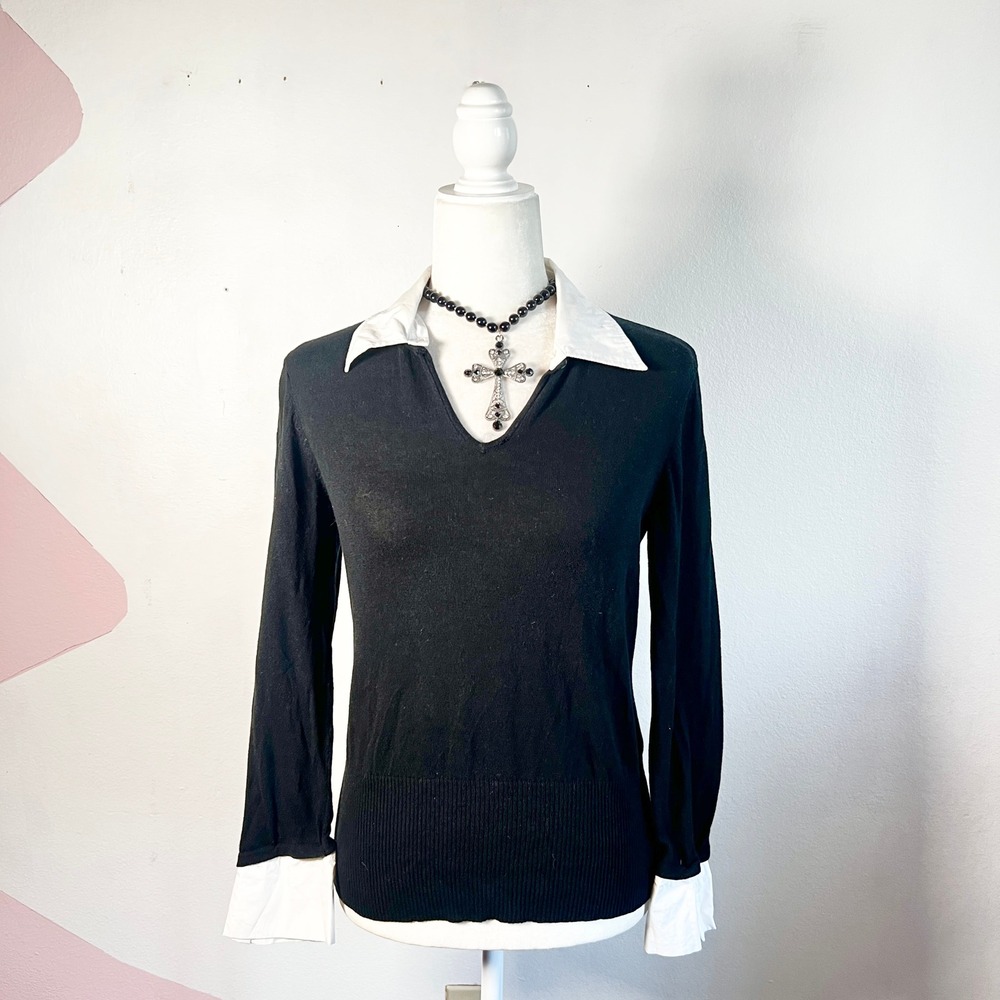 Vintage Y2K 90s Collared Top Long Sleeve Sz Medium Gothic‎ Dark Academia Emo